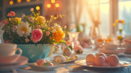 Obraz na płótnie Canvas Festive Easter served table setting with painted eggs, bouquet flowers in room