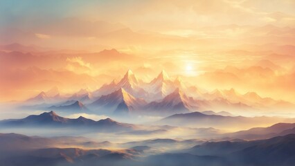 image of a golden sunrise illuminating the misty mountains. Soft gradients and ethereal atmospheres can inspire stunning pieces of digital art.