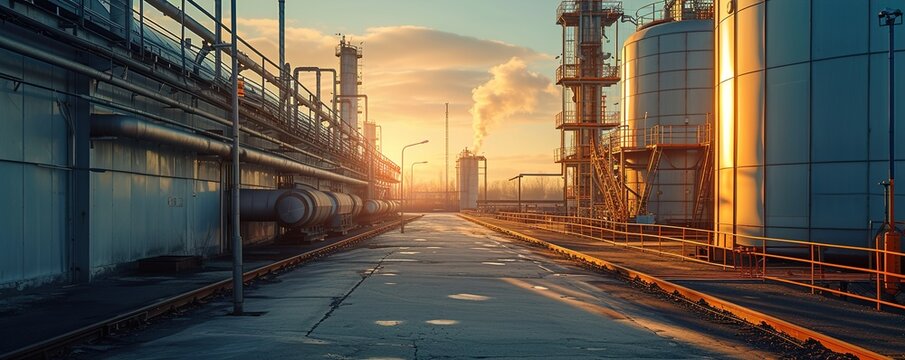 Expansive industrial landscapes under the golden afternoon light, showcasing factories and smokestacks against the backdrop of the city outskirts