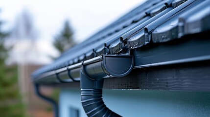 Water drainage pipe on a house, clear view against roof texture