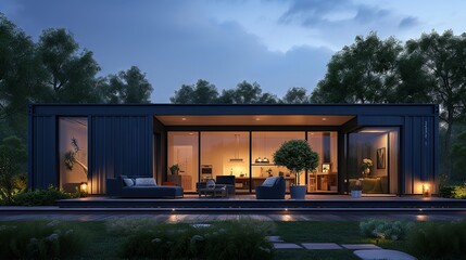 Modern container home at dusk, sleek lines with cozy interior glow - obrazy, fototapety, plakaty
