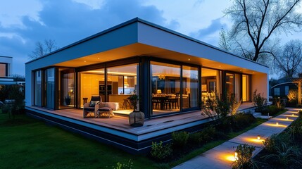 Fototapeta premium Stylish prefab unit, evening setting, homely lights within