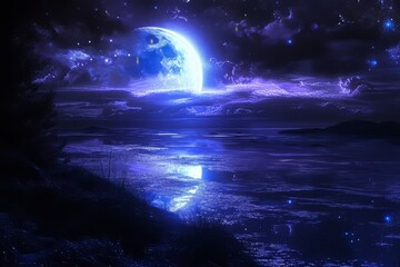 Lake at night with a full moon in the blue sky background. Night forest with a lake wallpaper. Fantasy landscape forest at night. moon night landscape. natural landscape synthwave style wallpaper. 