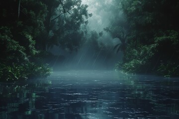Fantasy landscape lake and forest at night. natural landscape synthwave style wallpaper. Night forest with a lake wallpaper. lake forest under the sky with fog and the moon. modern synthwave wallpaper