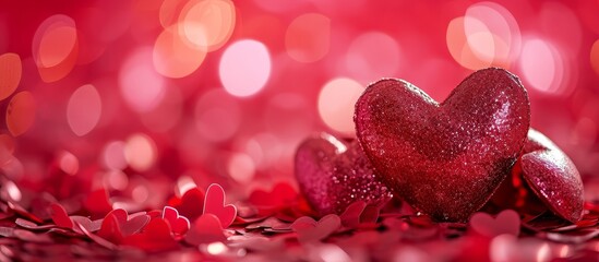 In Macro photography, two petal-shaped red hearts rest on a mound of red confetti, evoking a vibrant event with a touch of carmine and magenta.