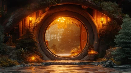 Photo sur Plexiglas Brun Round timber gateway, surrounded by warm amber illumination, vintage lodge scene
