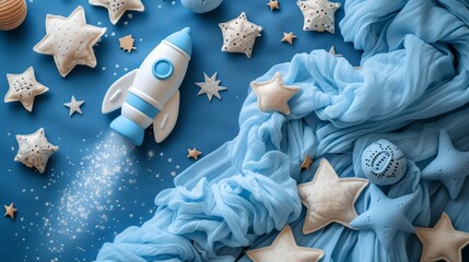 Baby boy announcement with rocket, stars, and soft blue hues