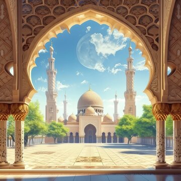 mosque Poster design, realistic, HD, copy space - generative ai