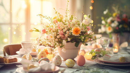 Festive Easter served table setting with painted eggs, bouquet flowers in room