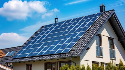 Naklejka premium Sustainable Living Symbol: Single House with Solar Panels on the Roof