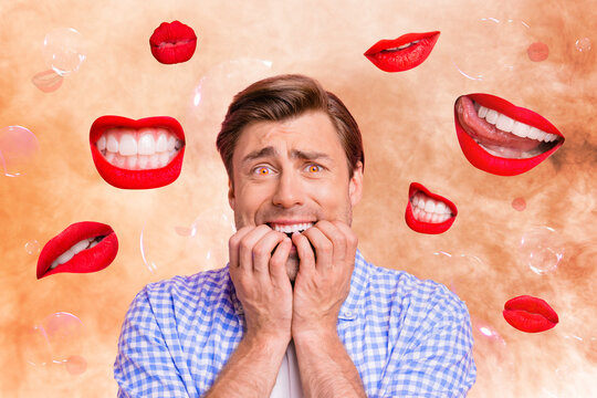 Collage artwork graphics picture of scared guy afraid red pomade lips mouth biting him isolated painting background