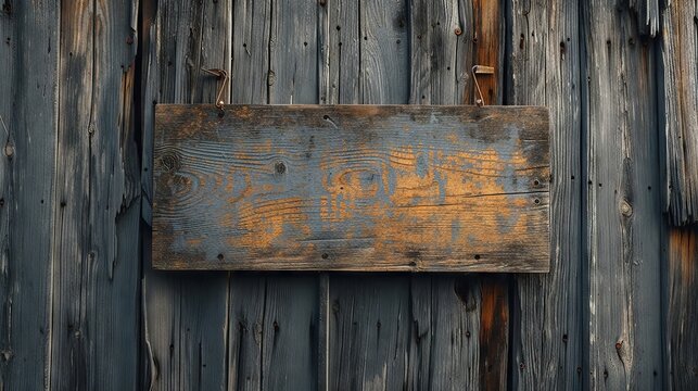 Empty rustic wood sign hanging on a weathered barn wall
