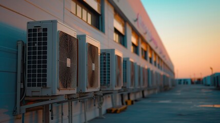 Obraz premium Industrial AC units lined outside, clear sky backdrop