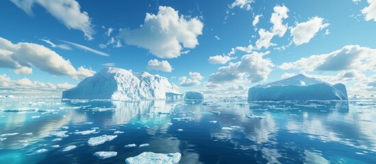 A massive iceberg is drifting in the open sea, surrounded by the vast expanse of water and under the cloudy sky.