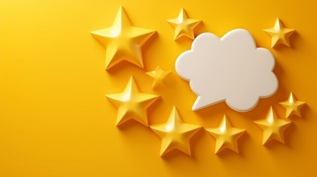 Golden stars on white speech bubble, bright yellow background