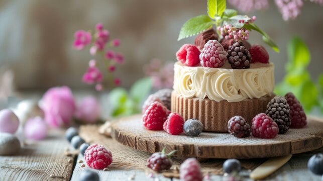 Tasty handmade natural cake with berries on a wooden background. Copy space for text