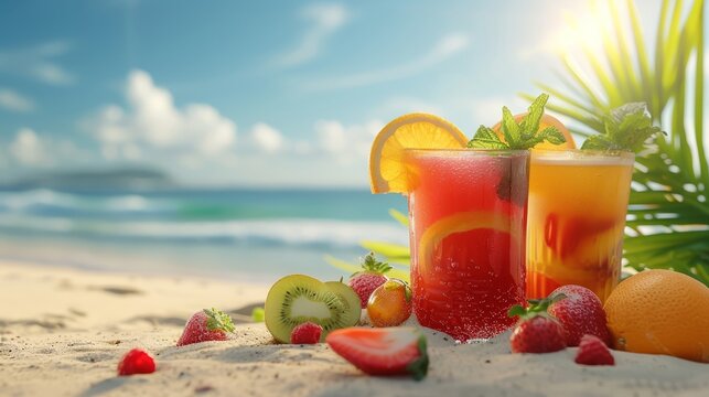 Summer fruit refreshments standing in warm beach sand, clear sky