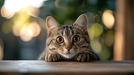 Sneaky kitty gazing from table top, vivid backdrop, natural light setting - obrazy, fototapety, plakaty