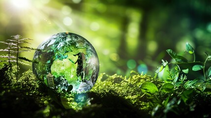Earth's Glow: Glass Globe Shining Bright in a Lush Forest, an Environmental Emblem