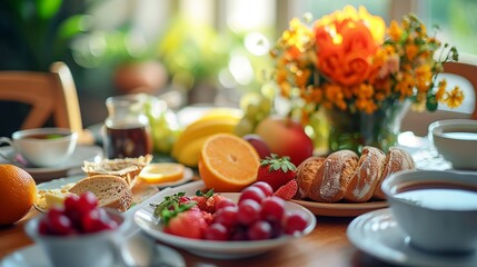 Breakfast banquet with fresh fruit, coffee, and bread, set on bright dining surface