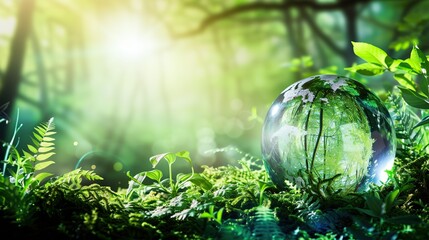 Sustainable Glow: Glass Globe Shining Bright Amidst Forest Foliage, Aiding Conservation - obrazy, fototapety, plakaty
