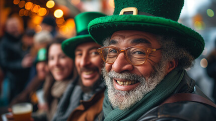 People in green hat enjoying St. Patrick's Day festivities with a crowd of cheerful people..