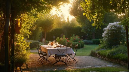 Garden Soiree: Elegantly Set Table for a Tranquil Meal in Lush Sunset Setting