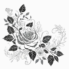 Elegant Floral Accents Roses and Leaves on White Background 