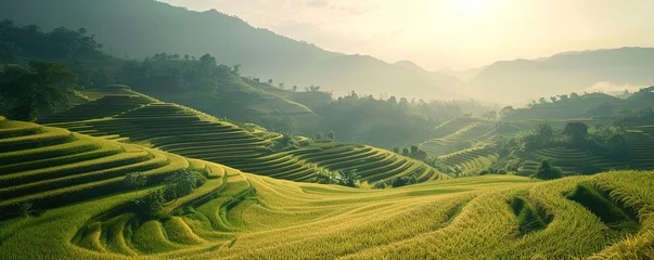 Foto op Canvas Serene rural landscapes of terraced rice fields illuminated by the golden afternoon light, under a clear sky, showcasing sustainable farming and natural beauty © EverydayStudioArt
