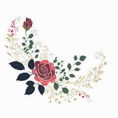 Elegant Floral Accents Roses and Leaves on White Background 