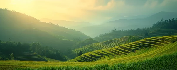 Papier Peint photo Rizières Serene rural landscapes of terraced rice fields illuminated by the golden afternoon light, under a clear sky, showcasing sustainable farming and natural beauty