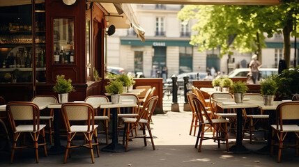 Fototapeta na wymiar Serene Parisian cafe terrace, inviting with its empty chairs and tables awaiting the day's visitors