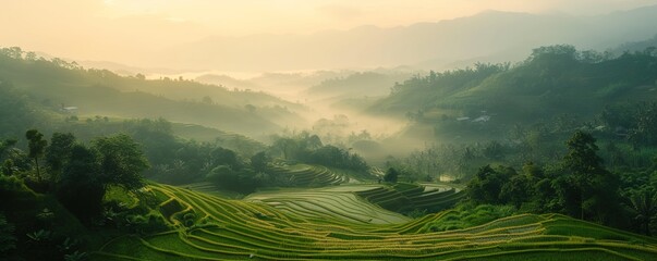 Serene rural landscapes of terraced rice fields illuminated by the golden afternoon light, under a clear sky, showcasing sustainable farming and natural beauty