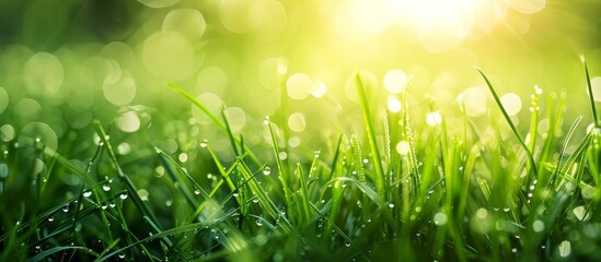A stunning close-up of a lush green meadow with sparkling water droplets on the blades of grass, capturing the essence of nature and terrestrial plant life.