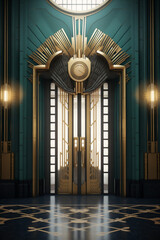 Photo realistic gold and turquoise art deco building door entrance  - obrazy, fototapety, plakaty