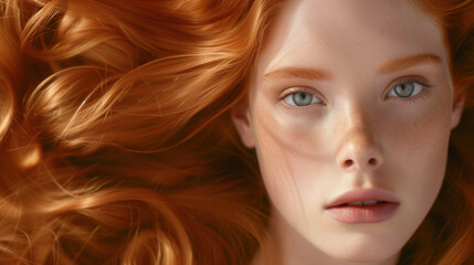 Fiery Solitude, Redheaded Woman with Spiraling Ginger Locks, for Hair Product Ad