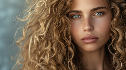 Ocean Gaze, Young Woman with Sun-Kissed Curly Blonde Hair, for Hair Product Ad