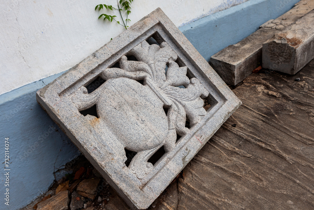 Wall mural stone carvings at monaragala temple, kurunegala, north western province, sri lanka