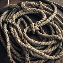 Fototapeta na wymiar close up view of tangled up rigging rope on wooden plank. close-up Rope texture. Rope background