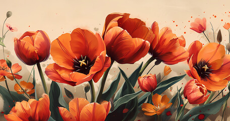 Obraz premium Tulips Background in the style of a drawn picture. 