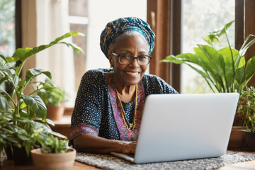 Happy African senior woman with glasses working with laptop from home, smiling and looking at the camera, successful businesswoman using notebook, copy space