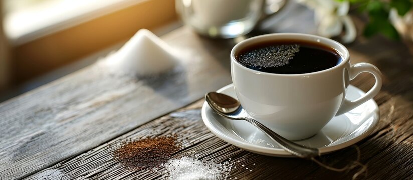 A cup of kopi tubruk, a traditional Indonesian coffee, served on a wooden table with a saucer and a spoon.