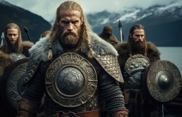Viking warrior man, chronicles of viking warrior: saga of strength, valor, conquest in untamed north - a tale of fierce battles, epic journeys, and indomitable spirit of Norseman forging his destiny. - obrazy, fototapety, plakaty