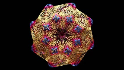 3d render of abstract art video animation with surreal symmetry fractal circular hypnotic mandala flower based on colorful orange purple red plastic wire atomic structure on a black background
