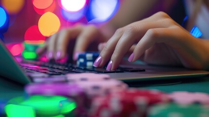Close up cropped photo of girl hands using her laptop for playing poker online.