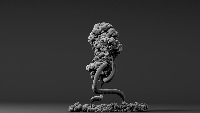 3d render of abstract art video animation experiment with growing surreal line sculpture based on the liquid fluid wavy smoke structure in grey color on dark grey background