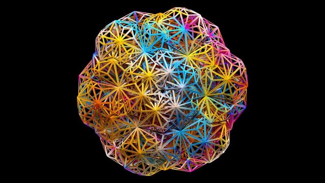 3d render of abstract art video animation with surreal symmetry fractal circular hypnotic mandala flower based on colorful orange purple red plastic wire atomic structure on a black background