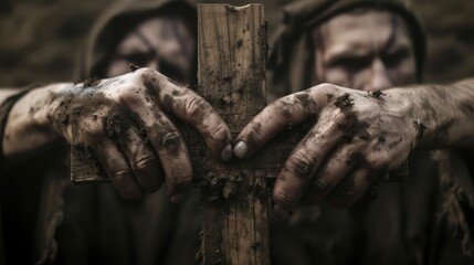 human hand silhouette asking for help from the cross representing Jesus