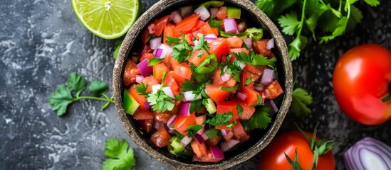 A mouthwatering bowl of Israeli salad, made with tomatoes, onions, and cilantro, accompanied by zesty Persian lime and sweet lemon.