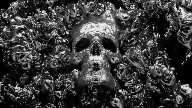 3d render of abstract art video animation with monochrome black and white silver metal Halloween scary creepy spooky skull head sculpture in explosion liquid fluid smoke structure in the dark on black
